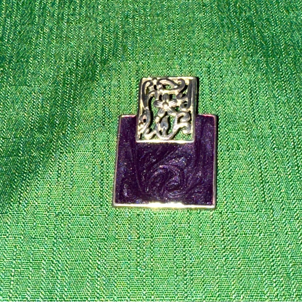 Square Enamel Silver Tone Pendant Filigree Flower Swirl Brownish Purplish